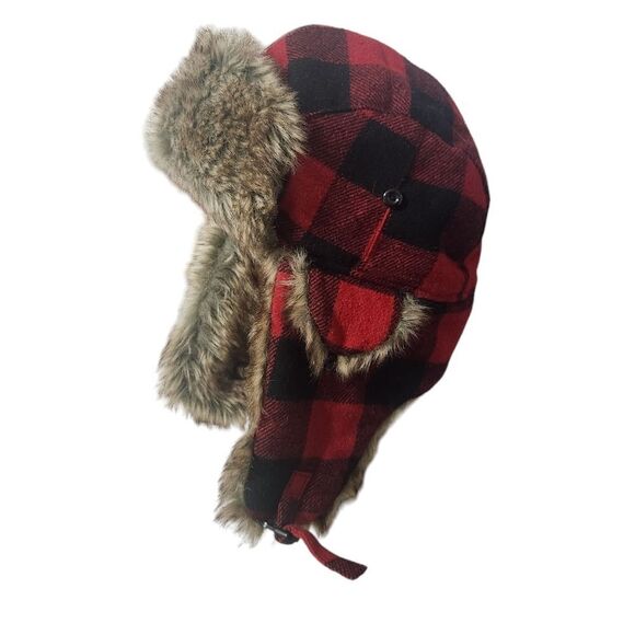 Dakota Dan Trapper Hat One Size Faux Fut Lined Red Black Buffalo Check - Picture 1 of 7